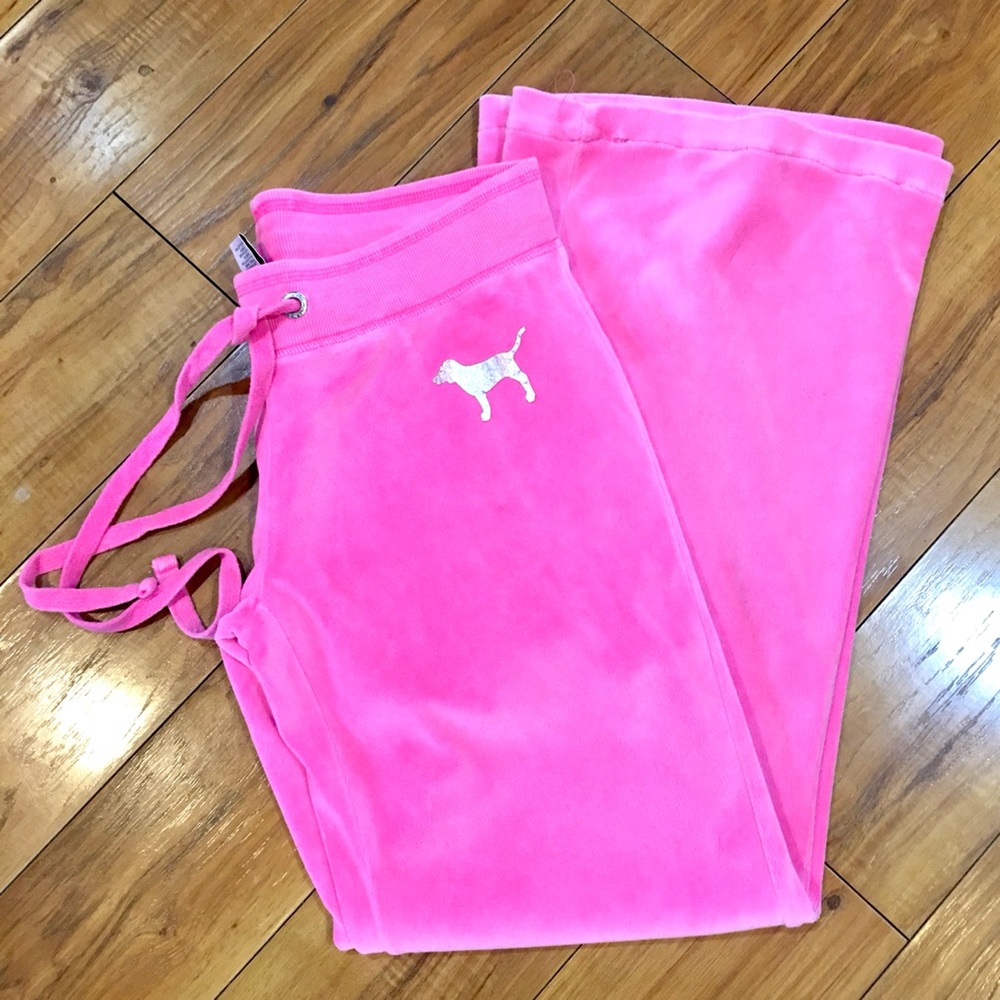 Victoria Secret Pink velour sweats pants bright wide leg rear butt logo Y2K